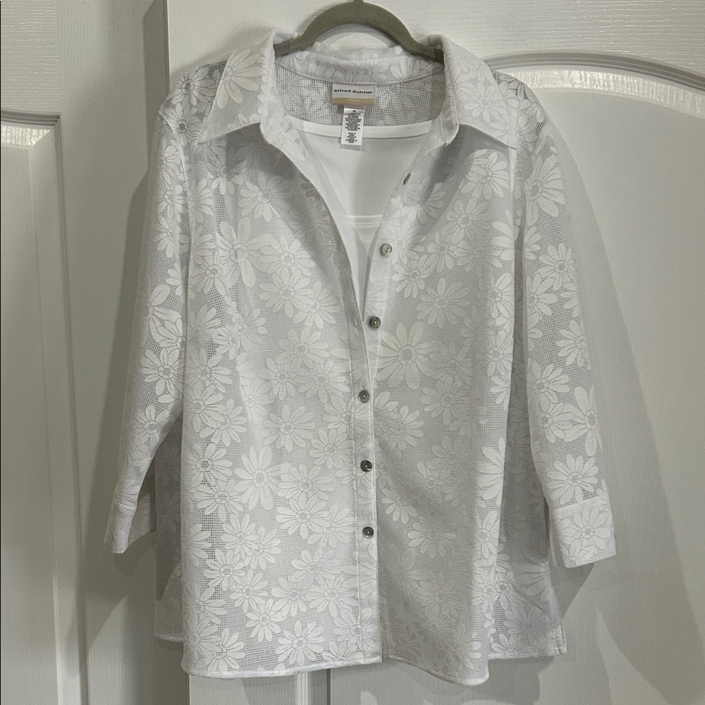 Alfred Dunner White Floral Button Down Shirt